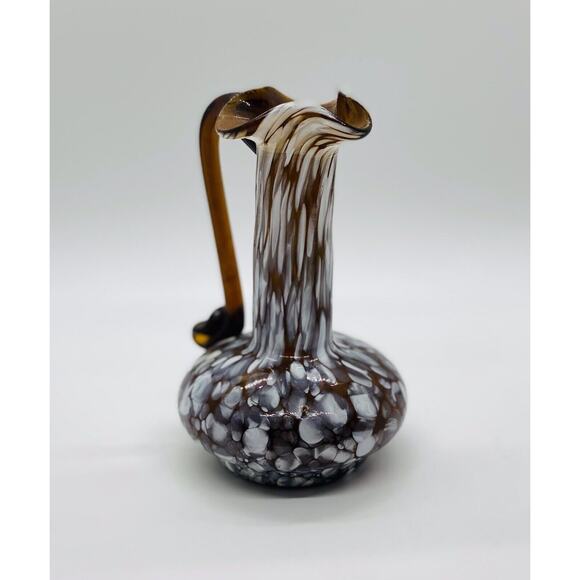 Studio Art Glass Brown blown vase pitcher /white splatter/swan handle - Picture 6 of 9